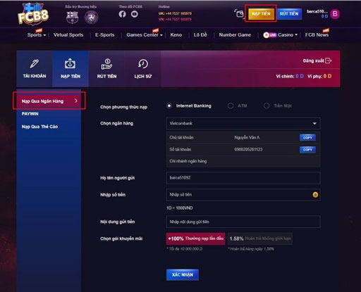 Hướng dẫn nạp tiền đơn giản tại nhà cái FCB8